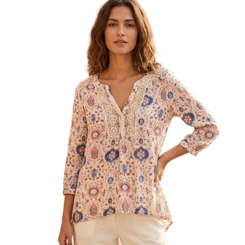 Anthropologie Maeve Floral Medallion Crochet Lace Trim Blouse Blue Coral Size 2